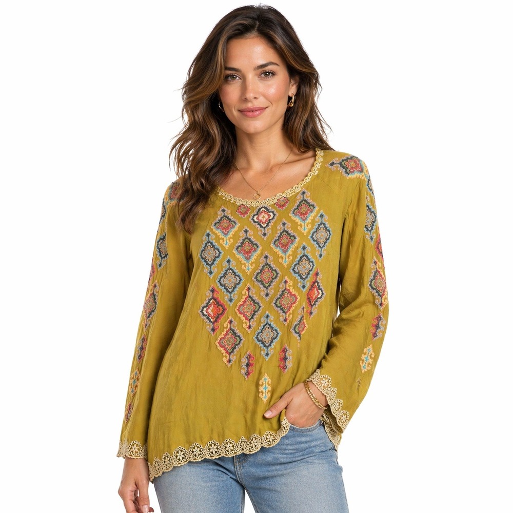 Johnny Was Blouse Women's Small Mustard Yellow Embroidered Boho Eyelet Lace